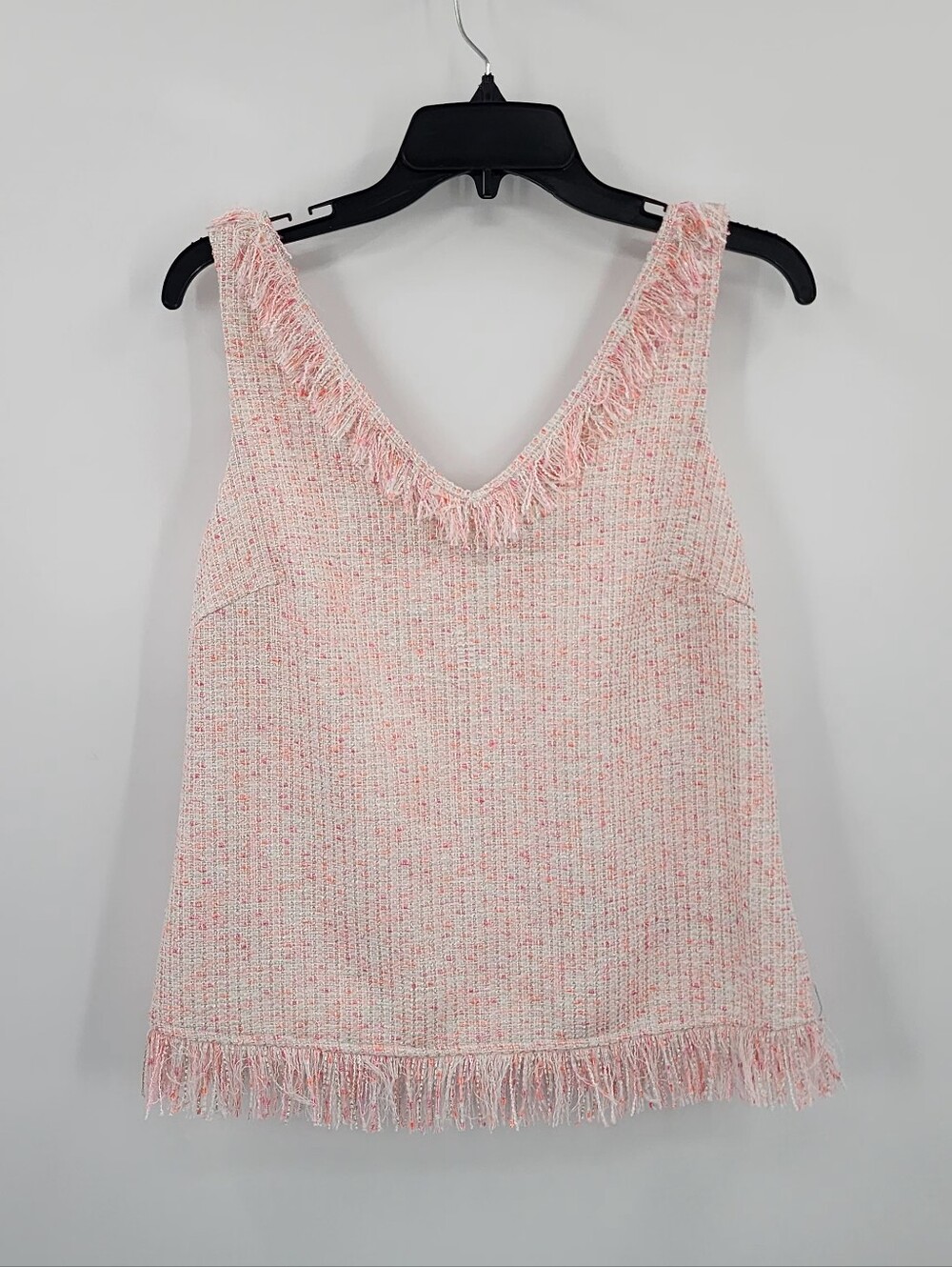 Julie Brown Pink Tweed Fringe V-Neck Sleeveless Top, Size 4